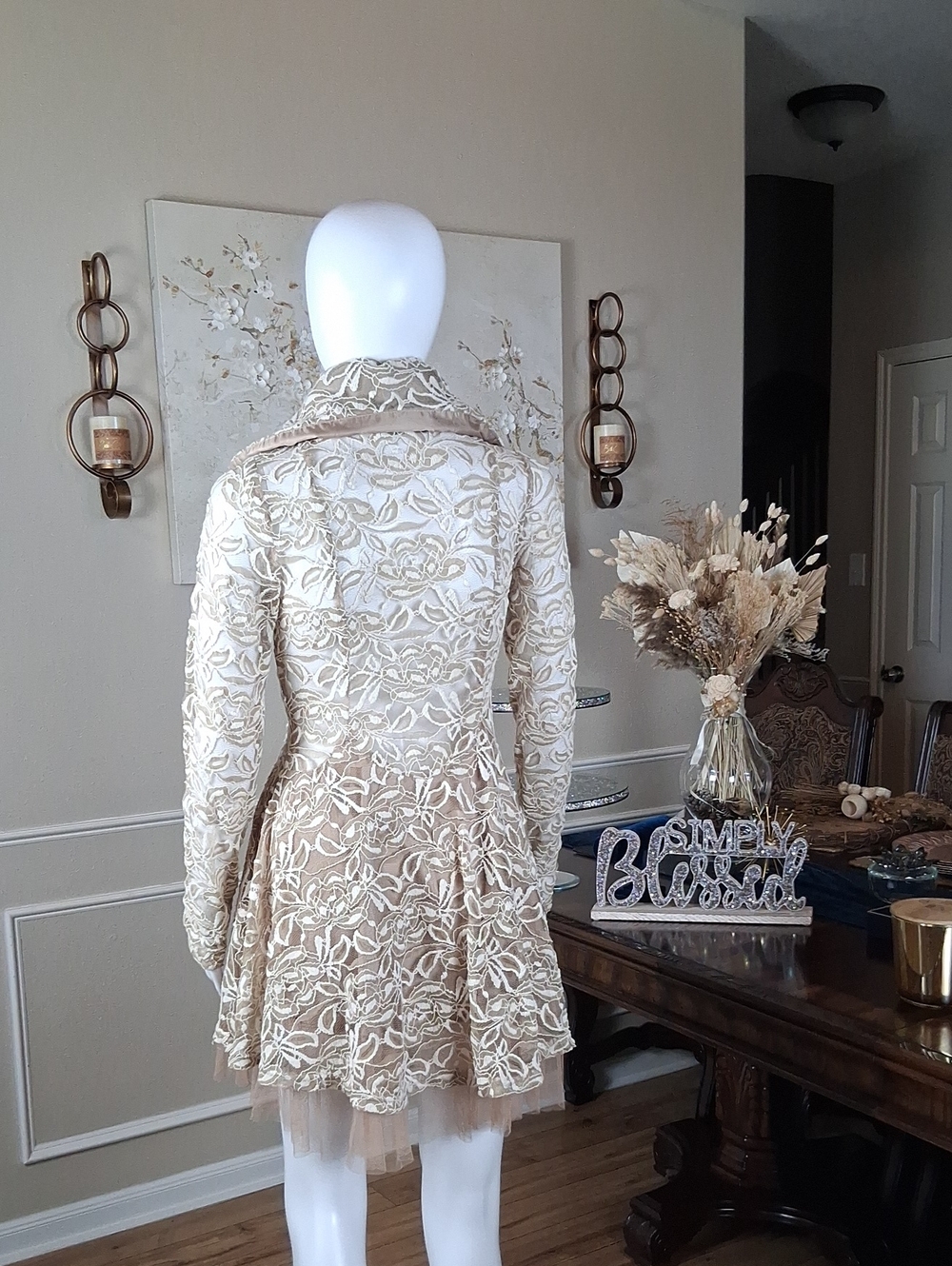 Women's Ivory And Tand Floral Lace Fit-and-Flare Coat Dress Tulle Trim Small - Picture 10 of 16